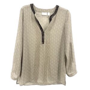 Chicos Blouse Womens 0 Small Tan Long Sleeve V Neck Beaded Embellished Tunic